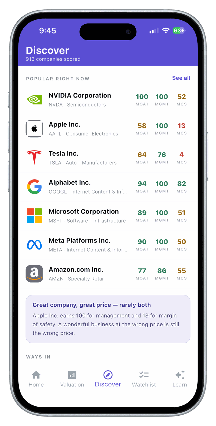 Moatly's Discover tab showing popular companies with MOAT, Management and Margin of Safety scores, and a card explaining that Apple scores 100 for management and 13 for margin of safety.