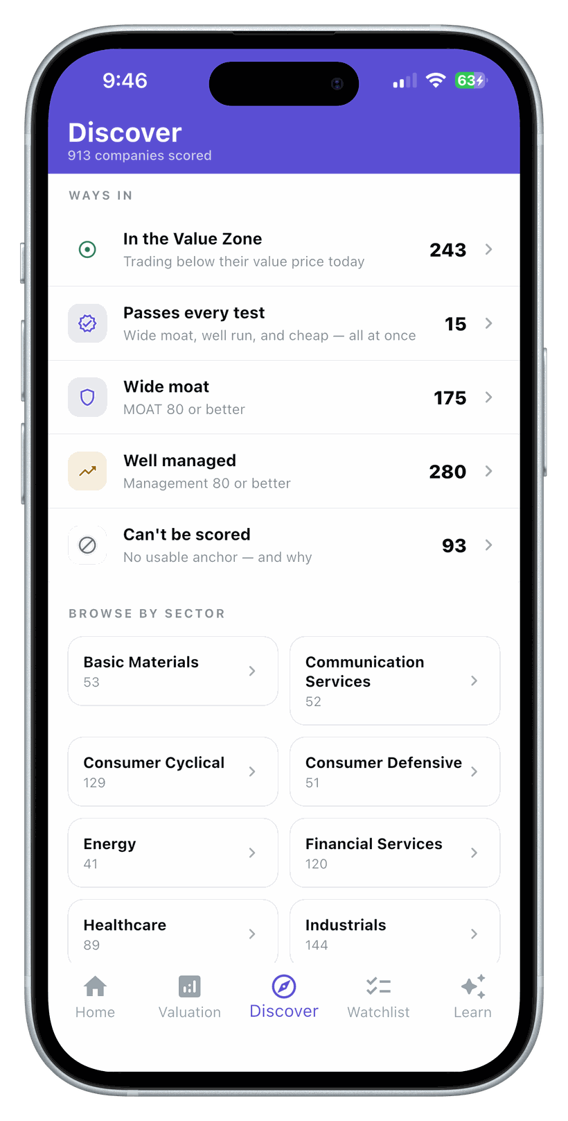 Discover's ways in: In the Value Zone, Passes every test, Wide moat, Well managed, Can't be scored, plus browse by sector.
